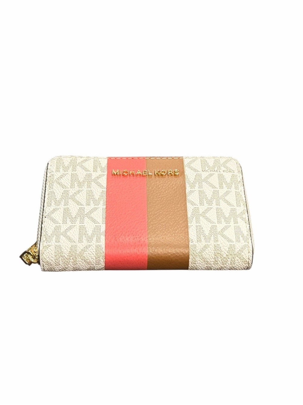 Michael Kors Cream Signature Zip Wallet with Pink & Tan Center Stripes